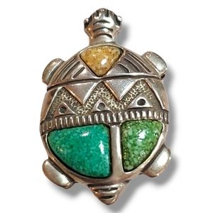 Turquoise and Coral Sterling Silver Turtle Pendant Brooch